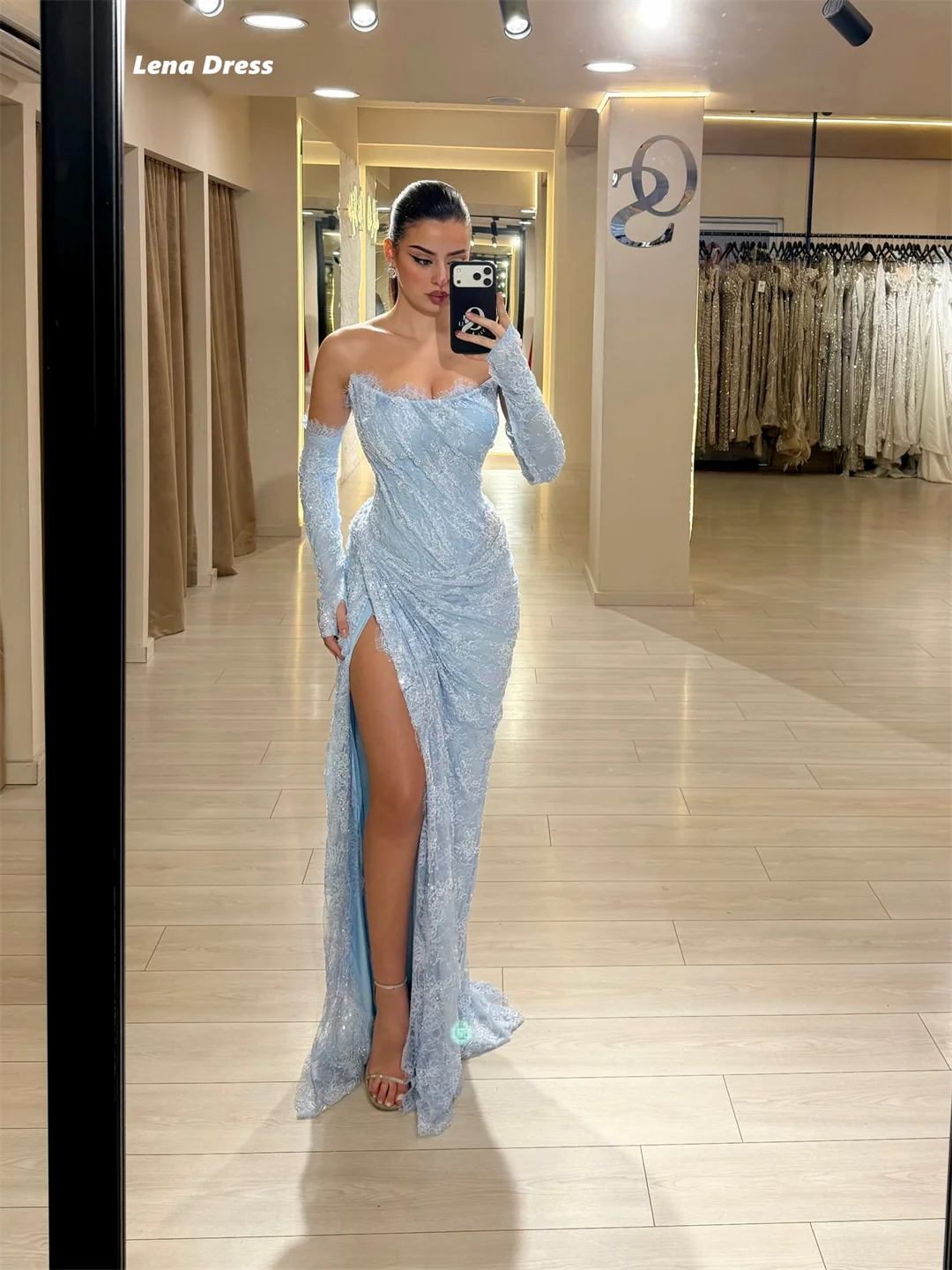 Lena Elegantes Schickes Damen-Abendkleid für Edle Partys Maßgeschneidertes Spitzen-Fischschwanzkleid Himmelblau Luxuriöse Partykleider mit Seitenschlitz für Damen