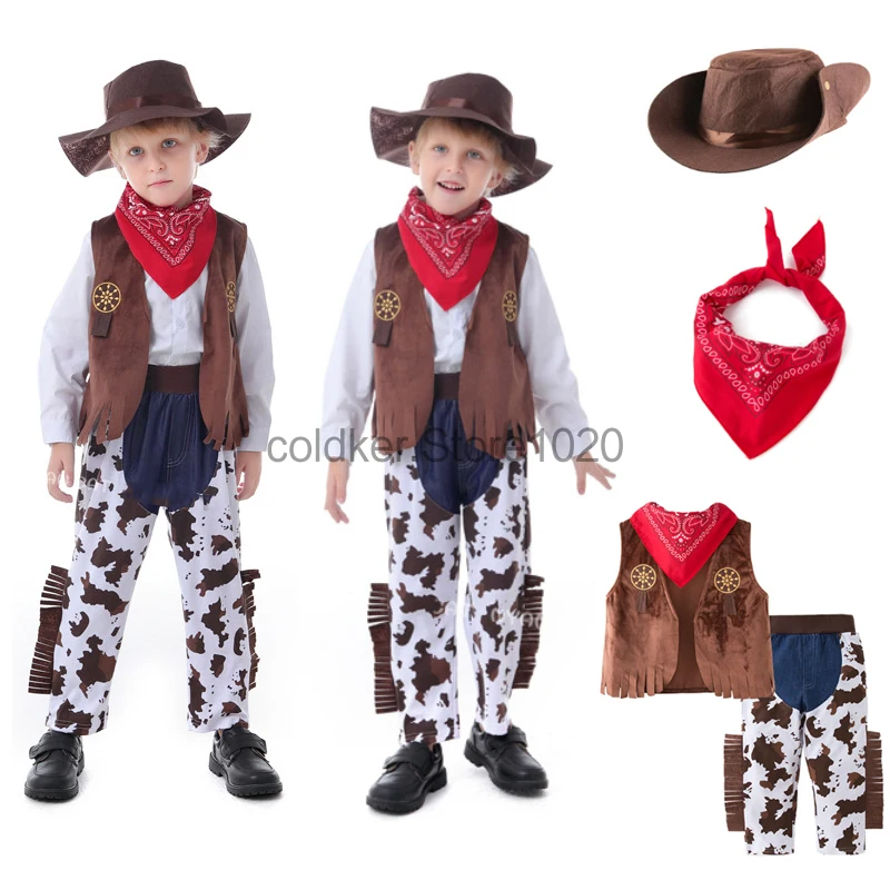 Kids Western Cowboy Costume Halloween Cosplay Cowboy Cowgirl Outfits Vest Pants Scarf Hat Suit Children Carnival Party Dress Up