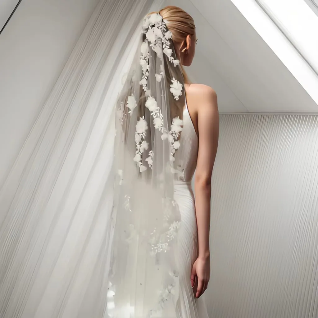 Romantic Wedding Veil With 3D Lace Floral Appliques and Pearl Embellishments Multiple Lengths Luxurious Elegant Bridal Veil