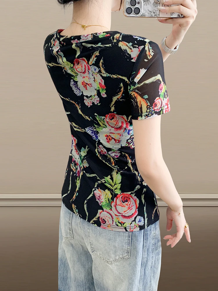 Faionable Camiseta con estampado floral para mujer ort Sve Slim Fit V-Ne f Sve Top de verano Ropa de viaje coreana Sle