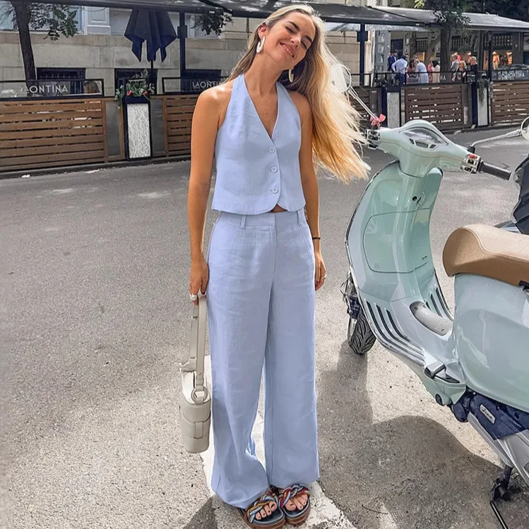 Conjunto de chaleco sin mangas y pantalones de algodón y lino azul, novedad de primavera y verano