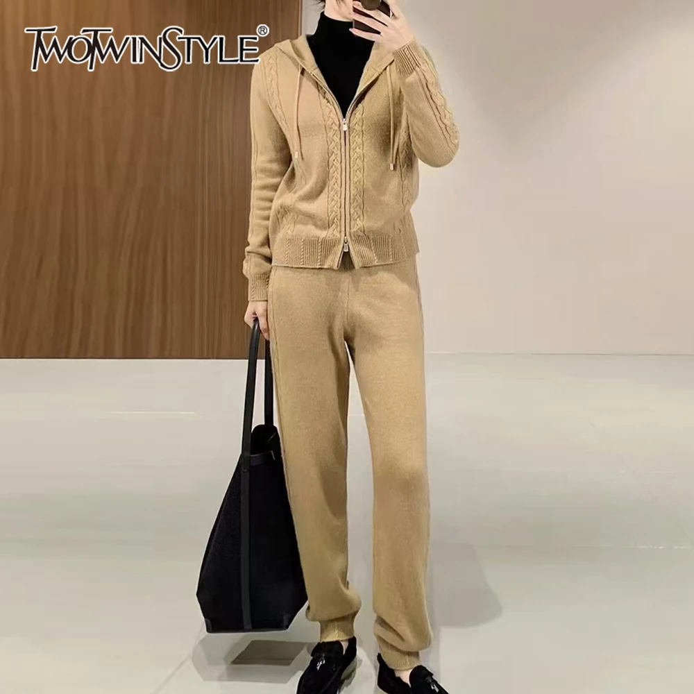 TWOTWINSTYLE Slimming Spliced Zipper Casual Two Piece Set For Women Round Neck Long Sleeves Hoodied Coat Pant Sets Female New