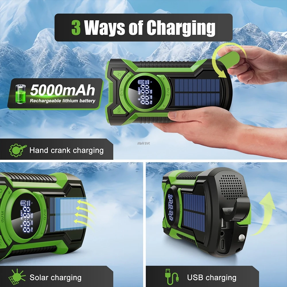 Hot 5000mAh Solar Emergency Radio Weather Hand Crank FM AM NOAA Radio with Bluetooth LED Flashlight Speaker Power Bank Charger