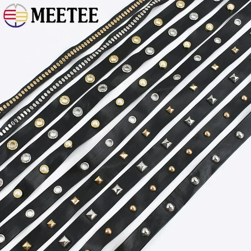 4/10M 1/2cm PU Leather Eyelets Band Ribbons Punk Rivets Rope Bags Strap Collar Decor Lace Tape DIY Clothing Material Accessories