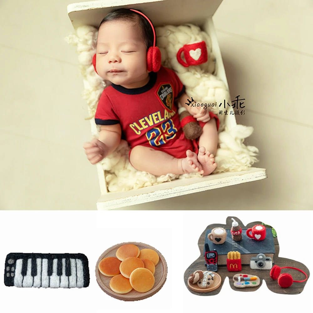 Newborn Photography Props Accessories Mini Wool Felted Headset Microphone Cookies Guitar Piano Baby Photo Shoot Toy Decoration