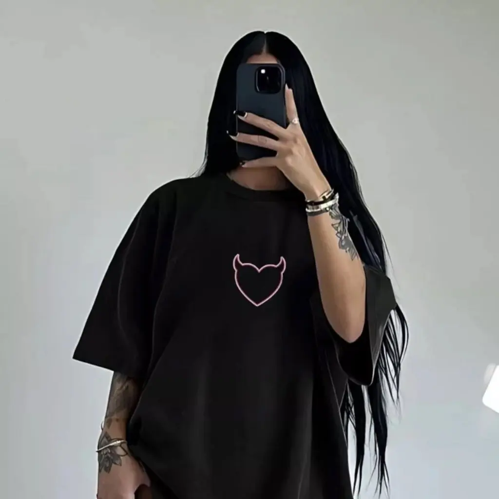 

Pure Cotton Printed Top for Students Summer Korean Style Black Loose Short-Sleeved Versatile T-Shirt New Arrival