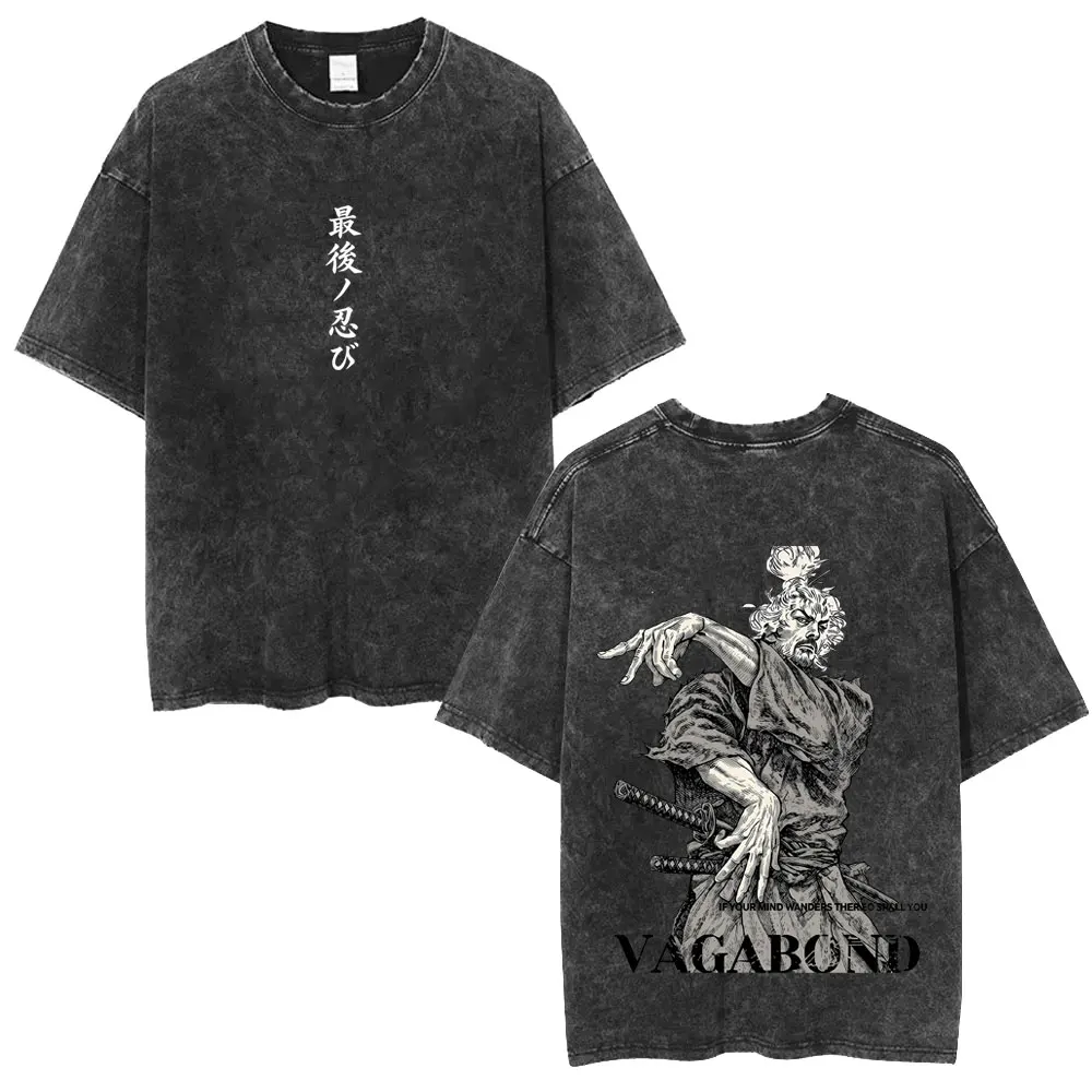 Anime Vagabond Miyamoto Musashi Washed Vintage T-shirt Men Women Casual Oversized T Shirt Men's Fashion High Quality T-shirts