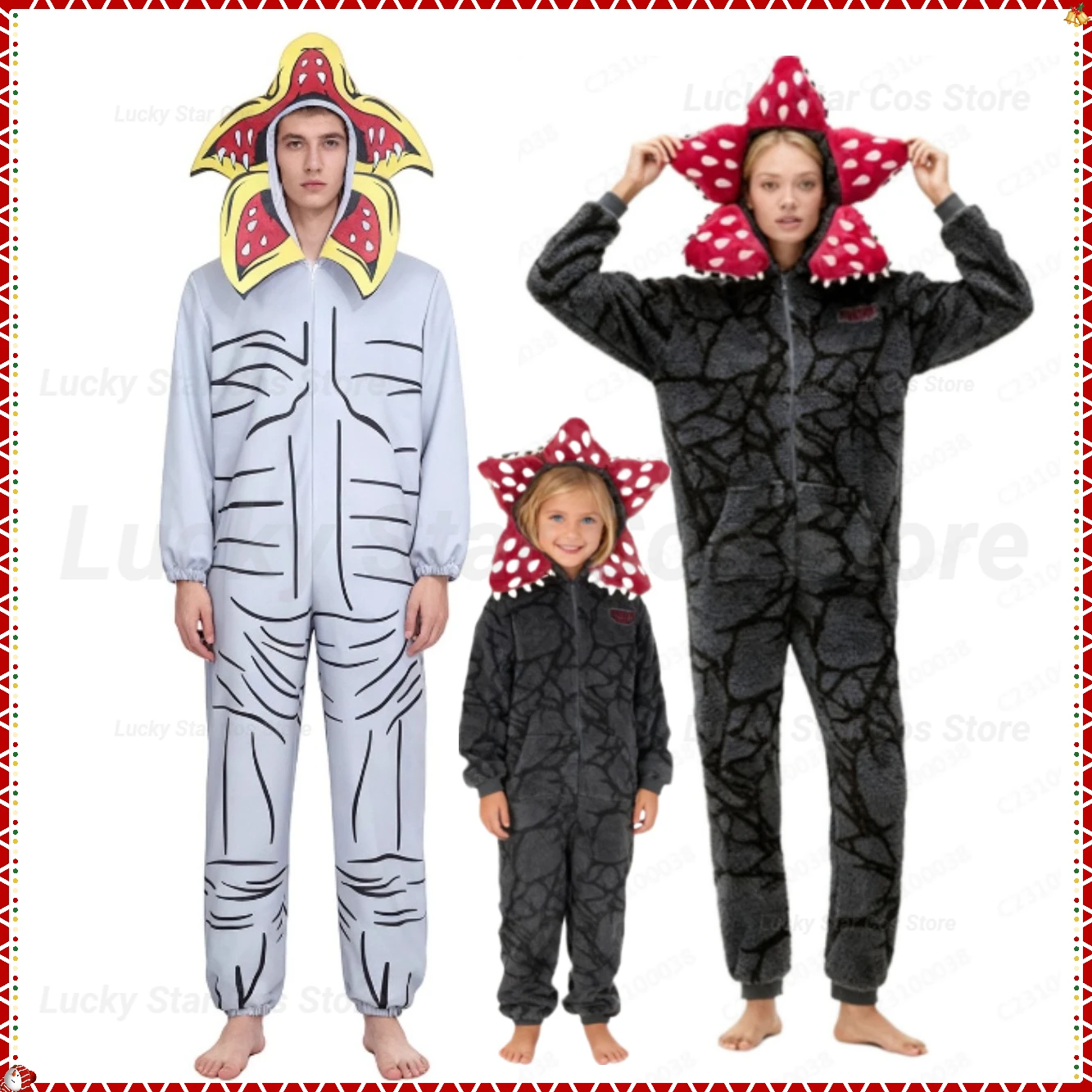 

Adult Kids Pajamas With Demogorgon Plant Design Flannel Fabric Onesie For Boys Girls, Soft Stranger Christmas Themed Jumpsuit