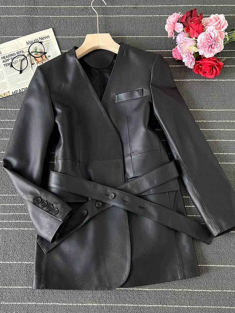 

2024 New Spring Sheepskin Jacket Genuine Leather Coat Black Women's Motorcycle Slim Real Leather Jacket Autumn Cool Suit