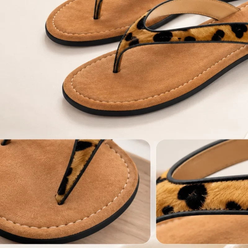 Leopard Pattern Shoes for Womens Round Toes Flat Heels Flip-flops Mixed Colors Ladies Sewing Lines Zapatos Mujer Shallow Femme