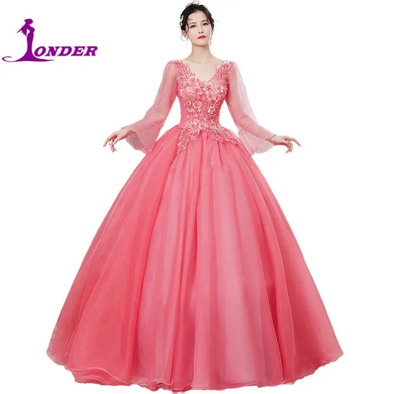 Quinceanera Kleider 2022 Vestidos Die Party Prom V-ausschnitt Langarm Ballkleid Luxus Spitze Appliques Quinceanera Kleid Host Kleid