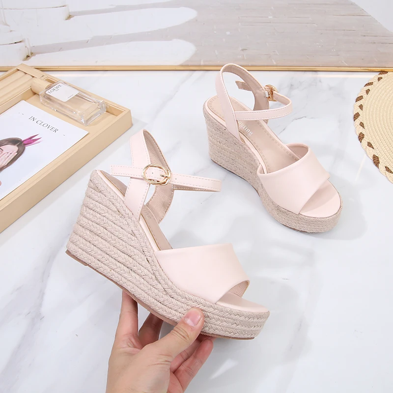 Size 31-43 2023 New Arrival Straw Wedge Summer Sandals Women 9cm High Heel Platform Black Open Toe Shoes