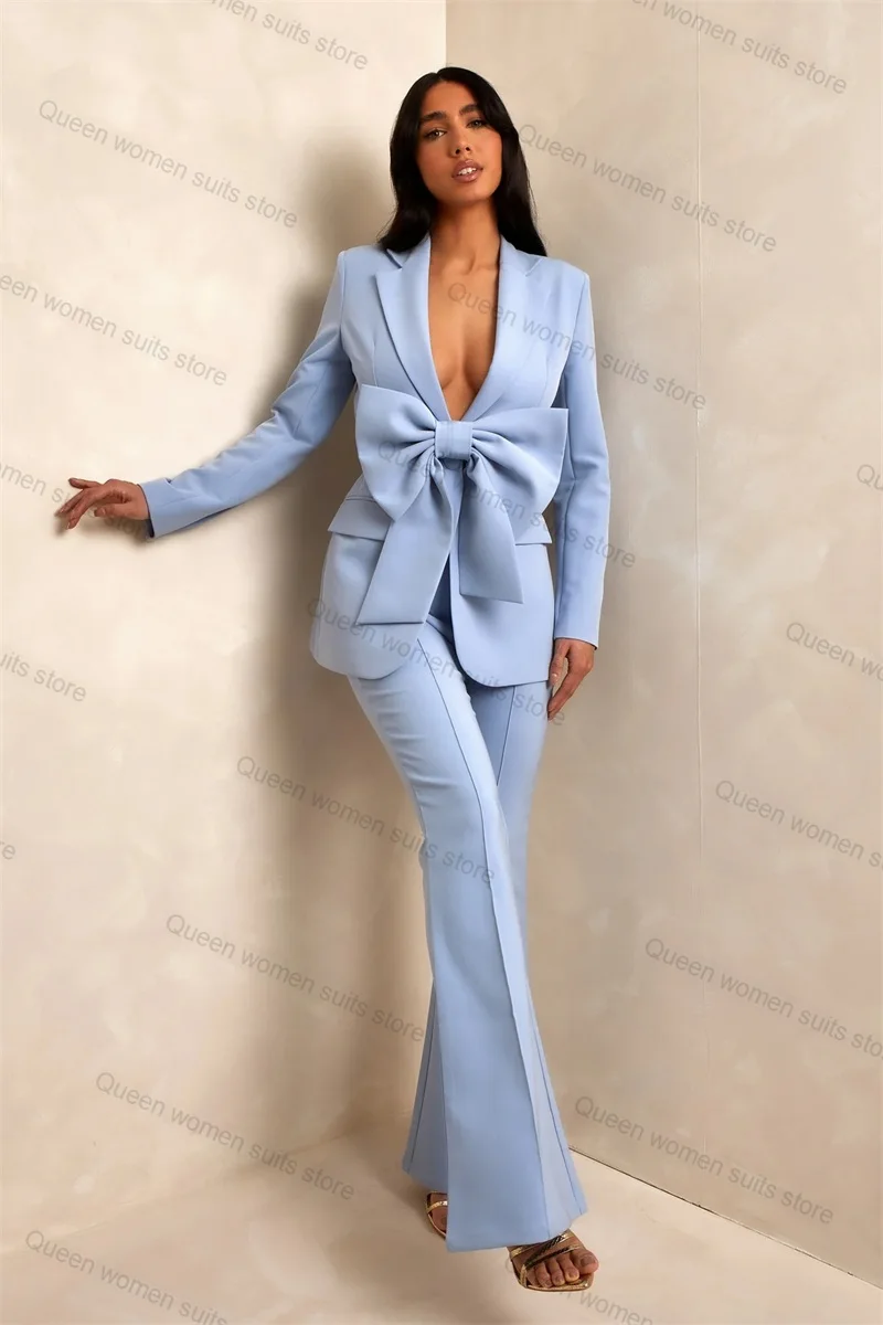 Light Blue Bow Women Suit Pants Set 2 Piece Blazer+Trouser Cotton Wedding Tuxedo Formal Office Lady Jacket Customized Coat