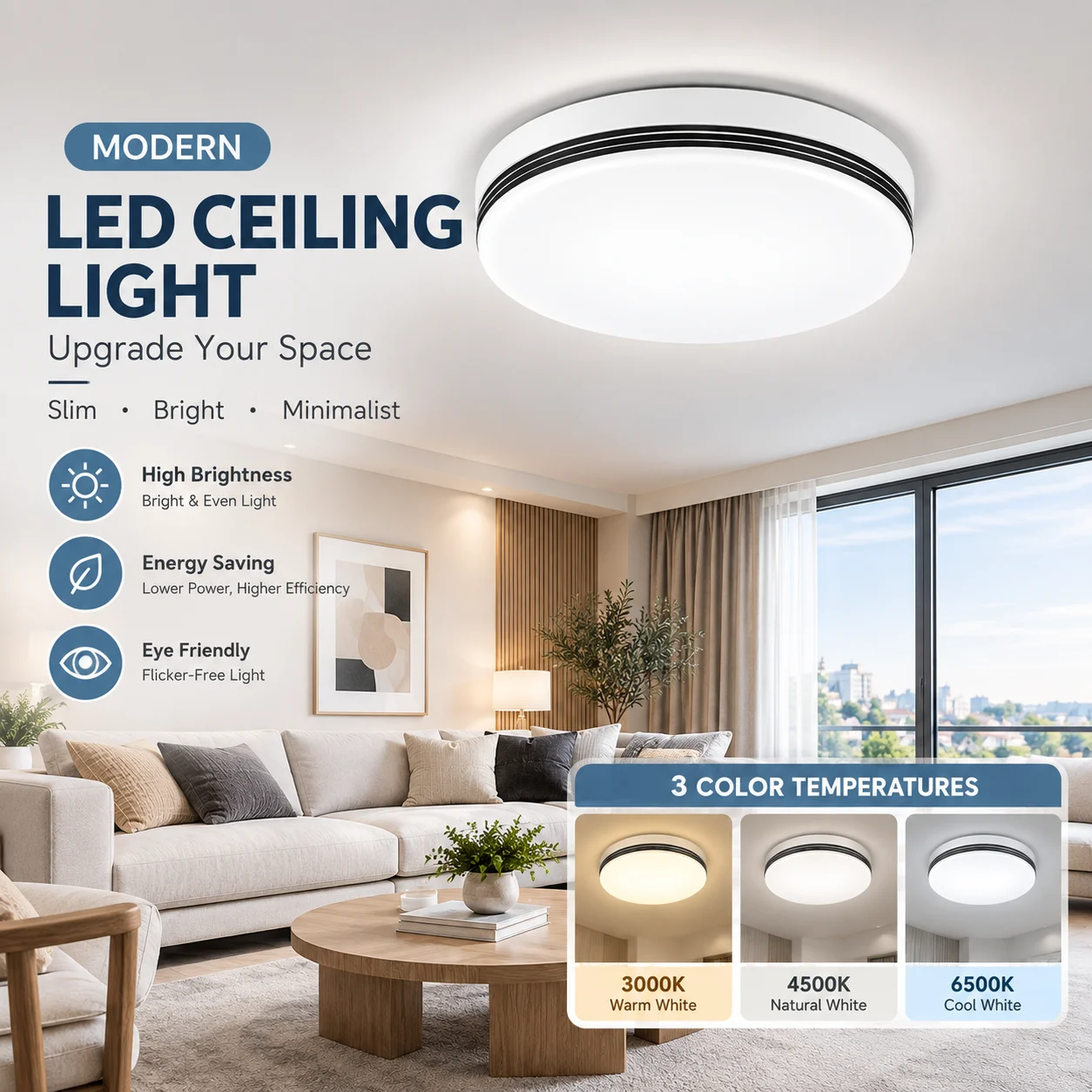 LED Flush Mount Ceiling Light 3000K 4500K 6500K,  Low Profile Ceiling Lamp, Modern Bright Lighting for Bedroom Kitchen Hallway