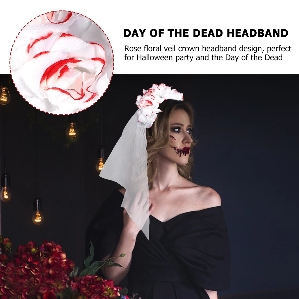 

Rose Floral Veil Crown Headband Horror Bloodstain Design Halloween Costume Party Accessory For Adults s Festival Headpiece