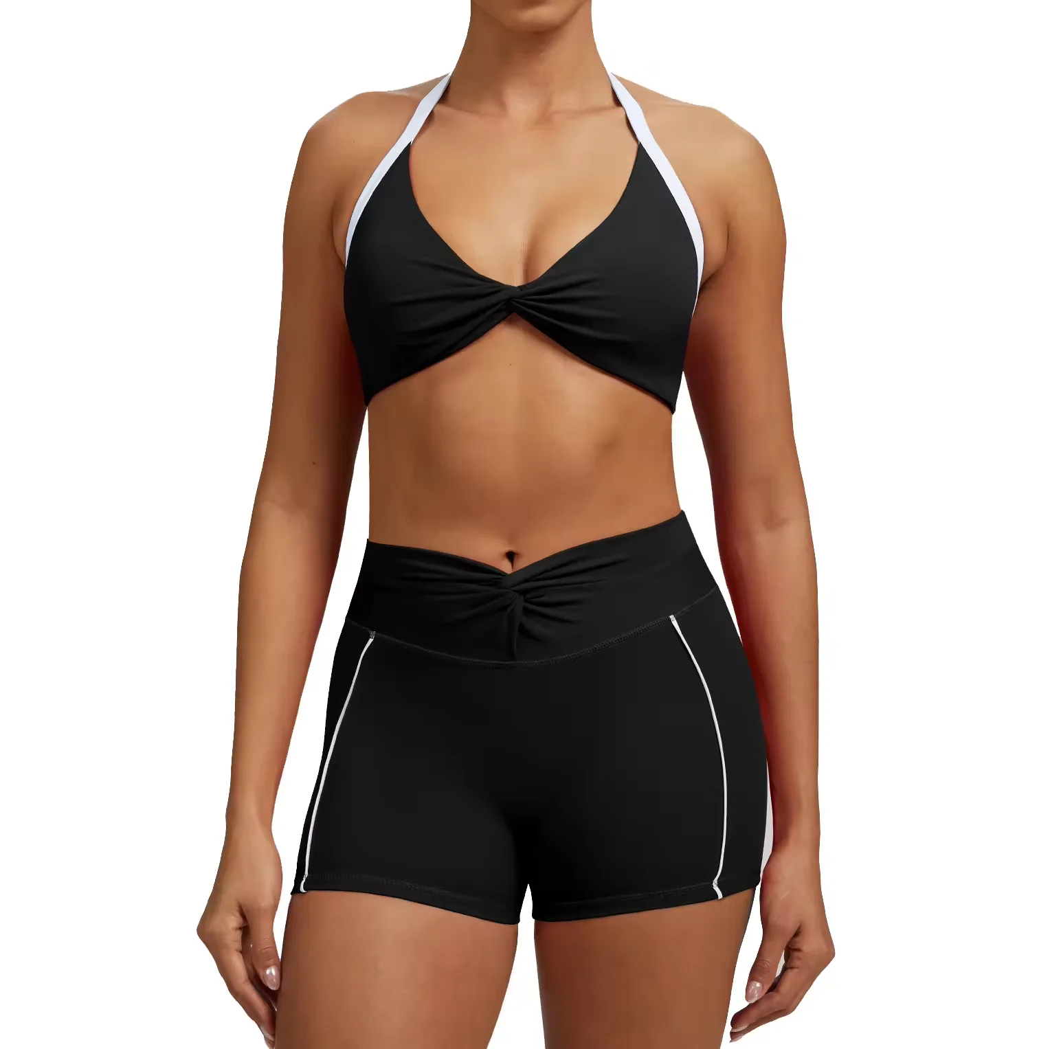 Seamless Breathable Eco-Friendly Halter Neck Sports Bra Shorts Set-Naked Feel High Support Workout Outfit Front for Running Yoga