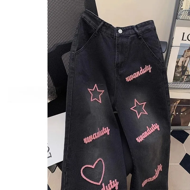 

Autumn Winter plus Size 36lb American High Street Star Heart Embroidery Waed Loose Jeans Men Women Straight Leg Long Pants