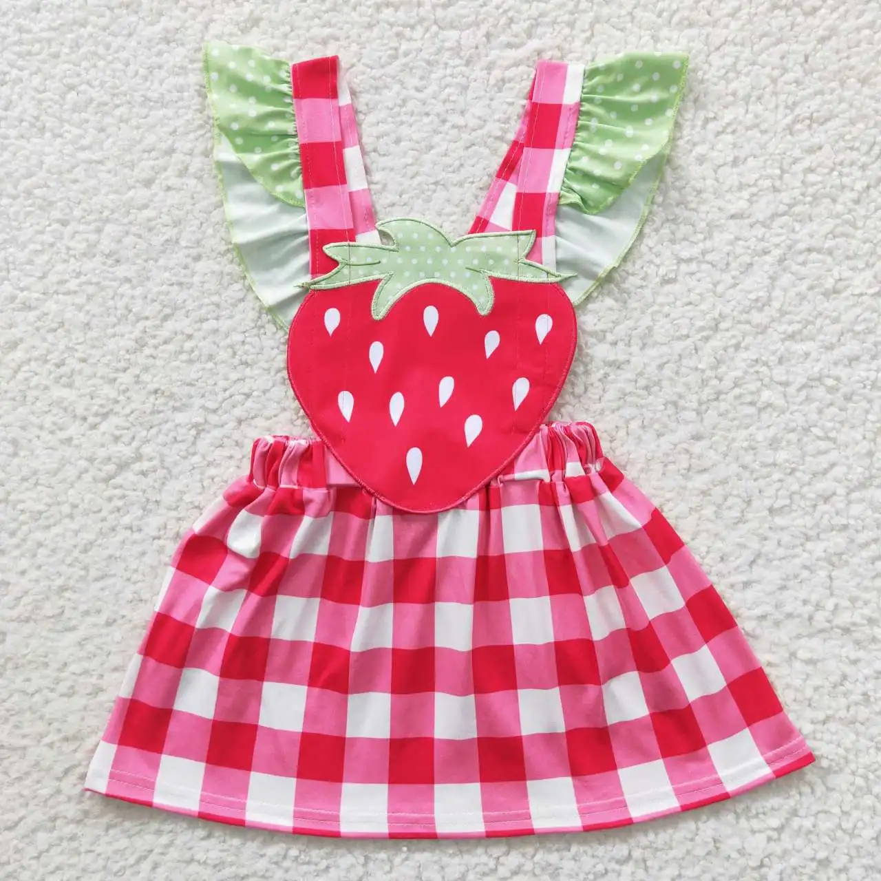 Strawberry Red Grids Green Flying Sleeve Smocked Ruffle Girl's Dress GSD0241