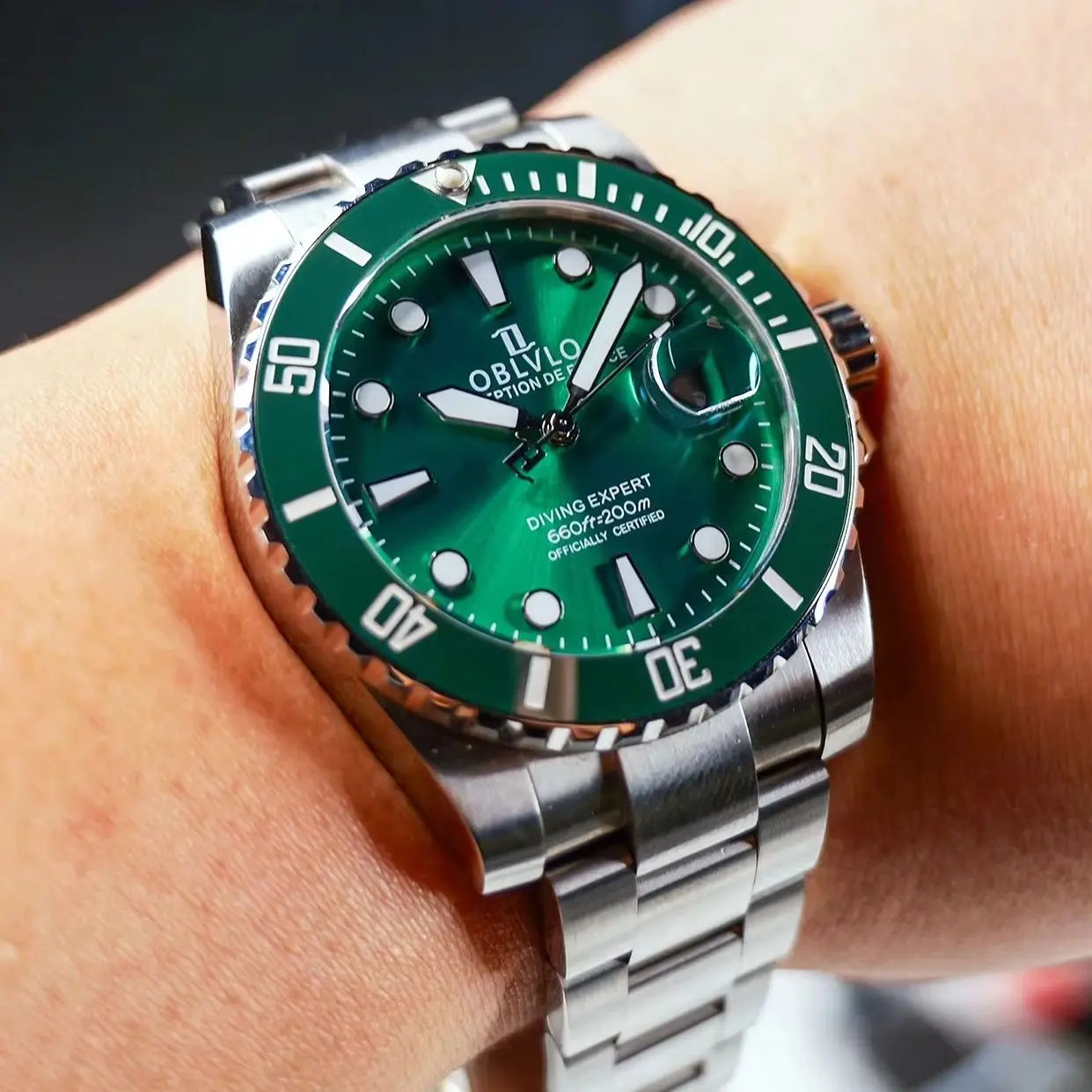OBLVLO Men Automatic Watch 40MM Military Mechanical Wristwatch Luminous Diver 200M Waterproof Sapphire Ceramic Bezel