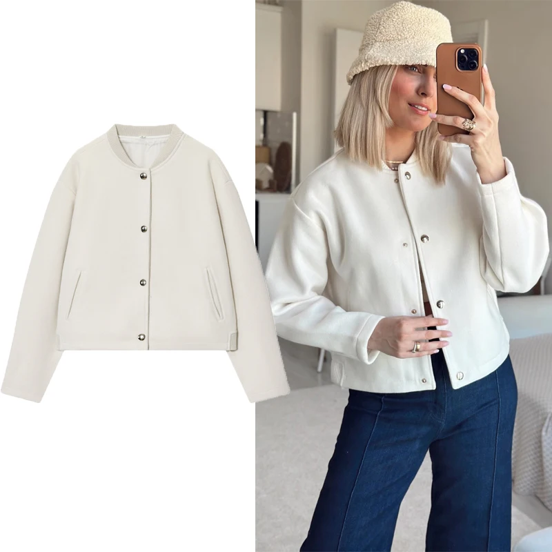 

Белая куртка-бомбер на пуговицах, бейсбольная куртка, женская демисезонная куртка, топы для женщин, женский топ с длинными рукавами, женское пальто