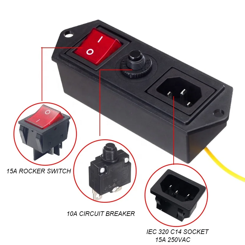 IEC 320 C14 Socket 4pin Red Lamp Rocker Switch 10A Circuit Breaker PDU POWER TRIP