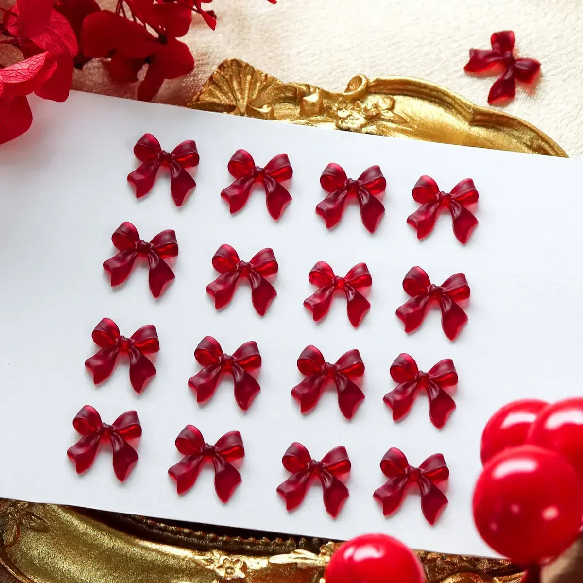 30pcs Wine Red Ribbon Bow Nail Charms Supplies Sweetheart Cherry Red Elegant Temperament DIY Nail Art Parts Decoration