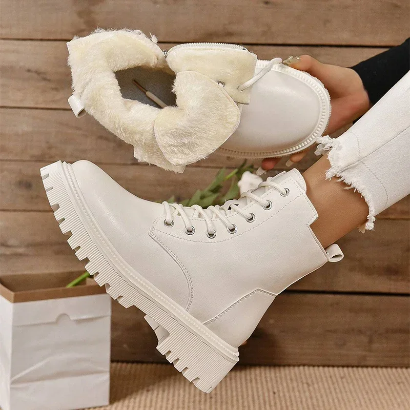 Thick Warm Long Plush Ankle Boots for Women Winter 2024 Lace Up Pu Leather Motorcycle Boots Woman Plus Size Short Booties Shoes