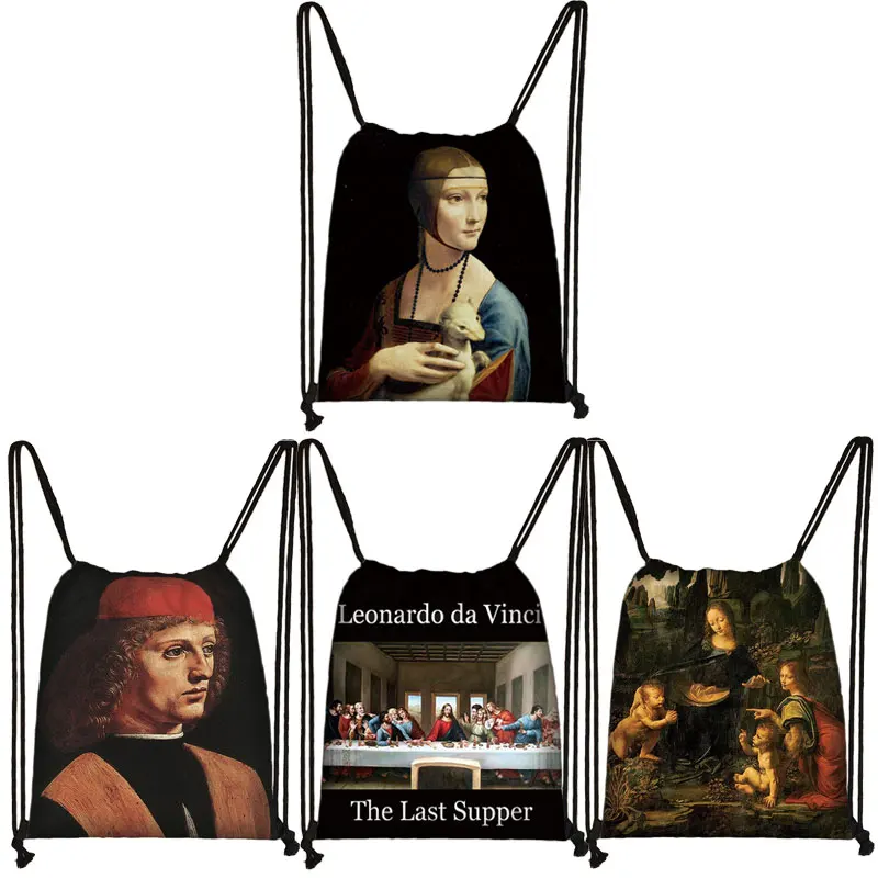 Mona Lisa Da Vinci Oil Painting Drawstring Bag Women Backpacks Vintage Vergine delle Rocce Shoe Bag for School Bags Gym Pouch