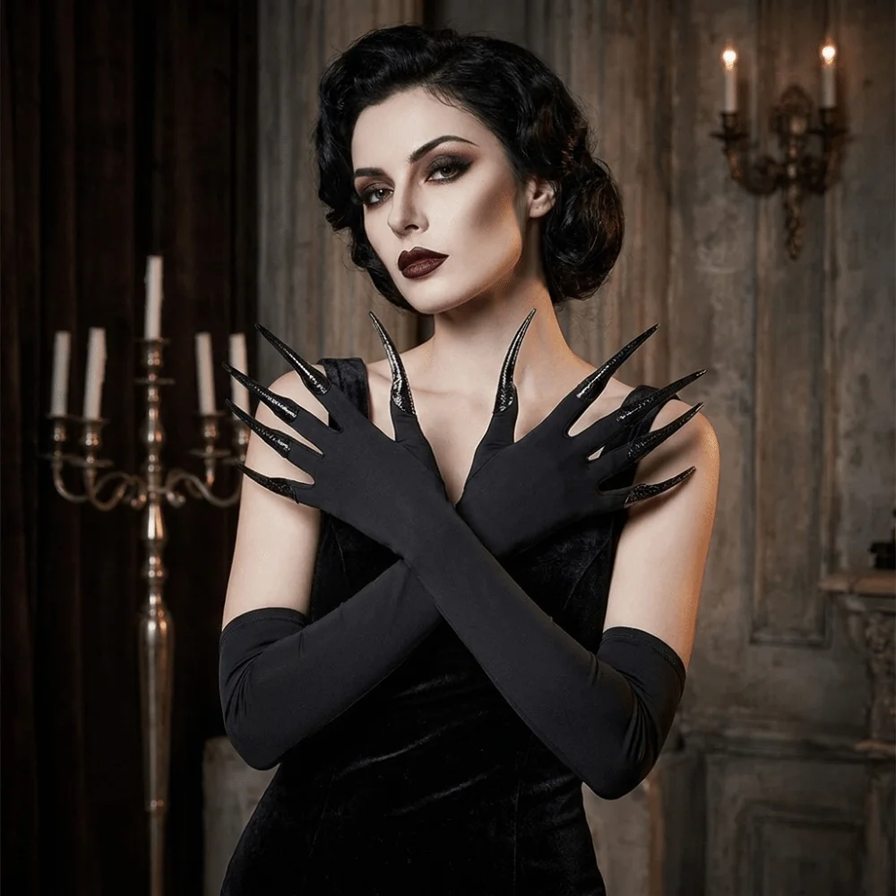 Gothic Long Nails Gloves Black Stretch Elastic Halloween Witch Gloves Polyester Black Detachable Claw Nails Gloves Roleplay