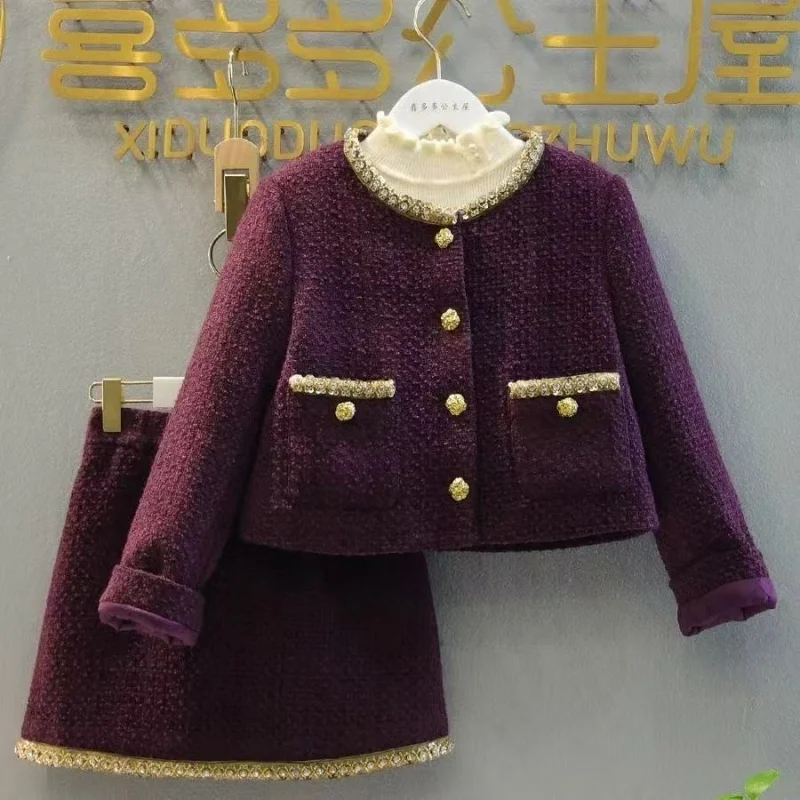 

New Girl Autumn/Winter Fragrant Style Clothing Set for Children Fashionable and Stylish Short Skirt Two Piece Set 120-170CM