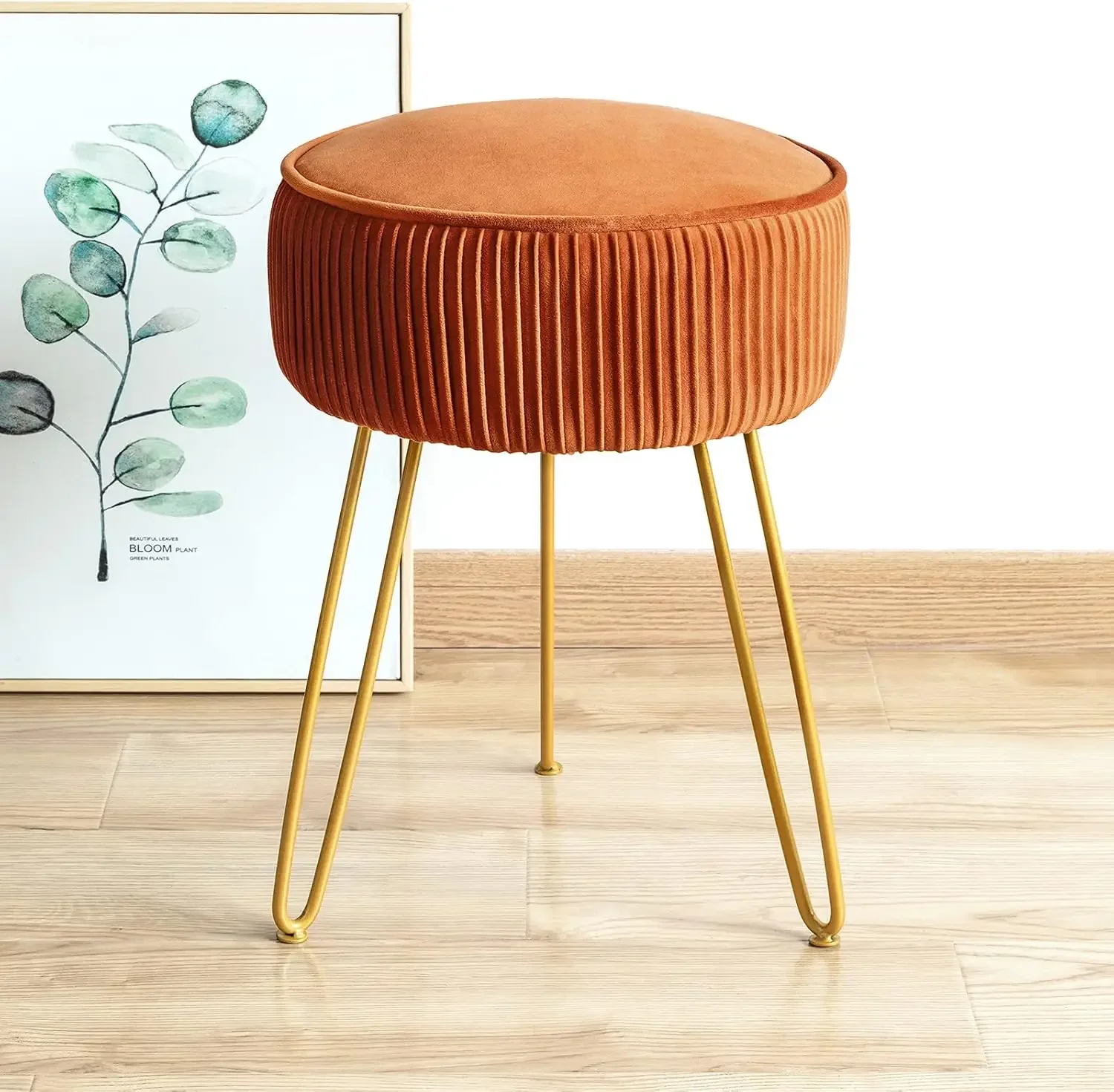 

Pleated Vanity Stool, Velvet Upholstered Vanity Stool for Makeup Room, Round Mondern Stool for Vanity, Ottoman Footrest Stool