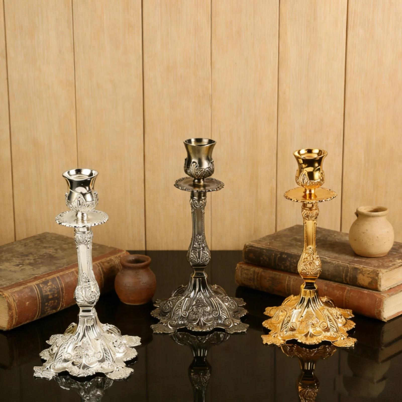 Taper Candle Holder Tabletop Candlestick Holder Candlestick with Embossed Base Lustrous Elegant for Dining Table, Mantel