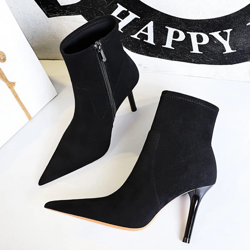 BIGTREE Shoes Black Women Ankle Boots Sexy High-heeled Boots Suede Side Side Zipper Autumn Winter Shoes Stiletto Heels Female