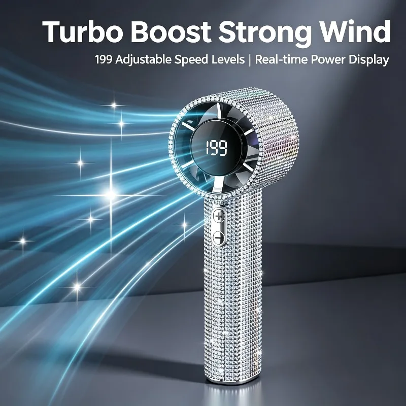 Rhinestone Handheld Fan 199 Speeds Turbo Wind,Digital Display Type-C Rechargeable Quiet Portable Cooling Fan for Outdoor Travel image 4