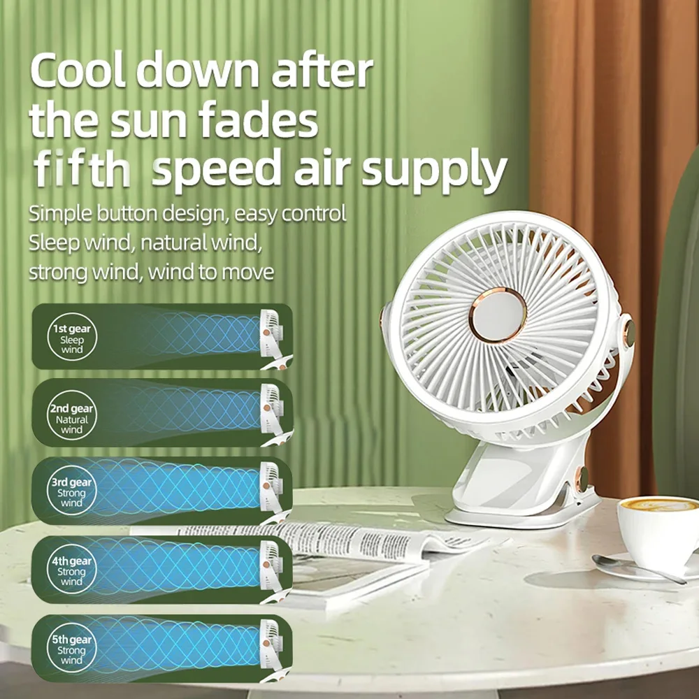مروحة بمشبك USB محمولة قابلة لإعادة الشحن مع 5 سرعات للرياح و3 أوضاع وإضاءة LED ومروحة كهربائية لاسلكية منخفضة الضوضاء للتخييم على سطح المكتب