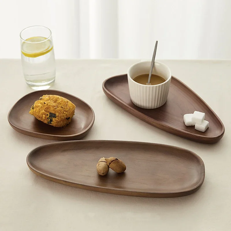 

HeMu Japanese Style Walnut Wood Plates - Irregular Oval Wood Serving Trays, Decorative Dishes for Tea, Dessert & Home Decor