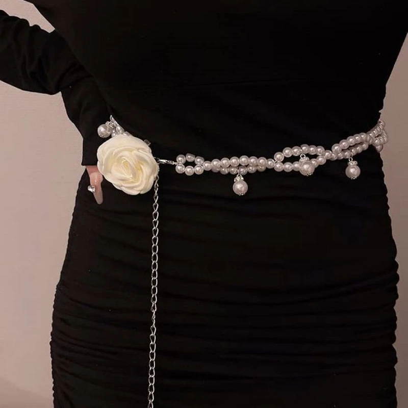 Camellia Flower Pearl Chain Waist Chain Women's Sweetly Decorated Thin Waist Belt for Slim Dresses Belts Apparel Accessories