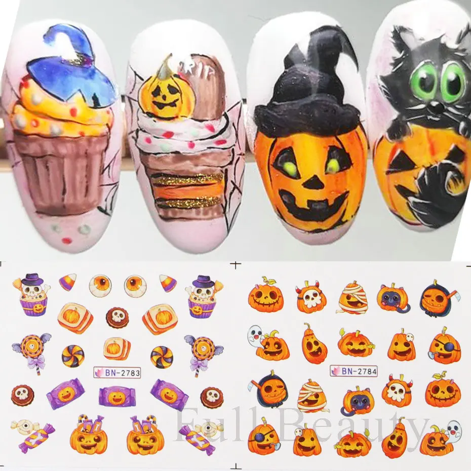 Halloween Pumpkin Ghost Nail Art Stickers Ghost Cat Water Decal Slider Bat Cute Eyes Manicure Tattoo Decoration NFBN2773-2784