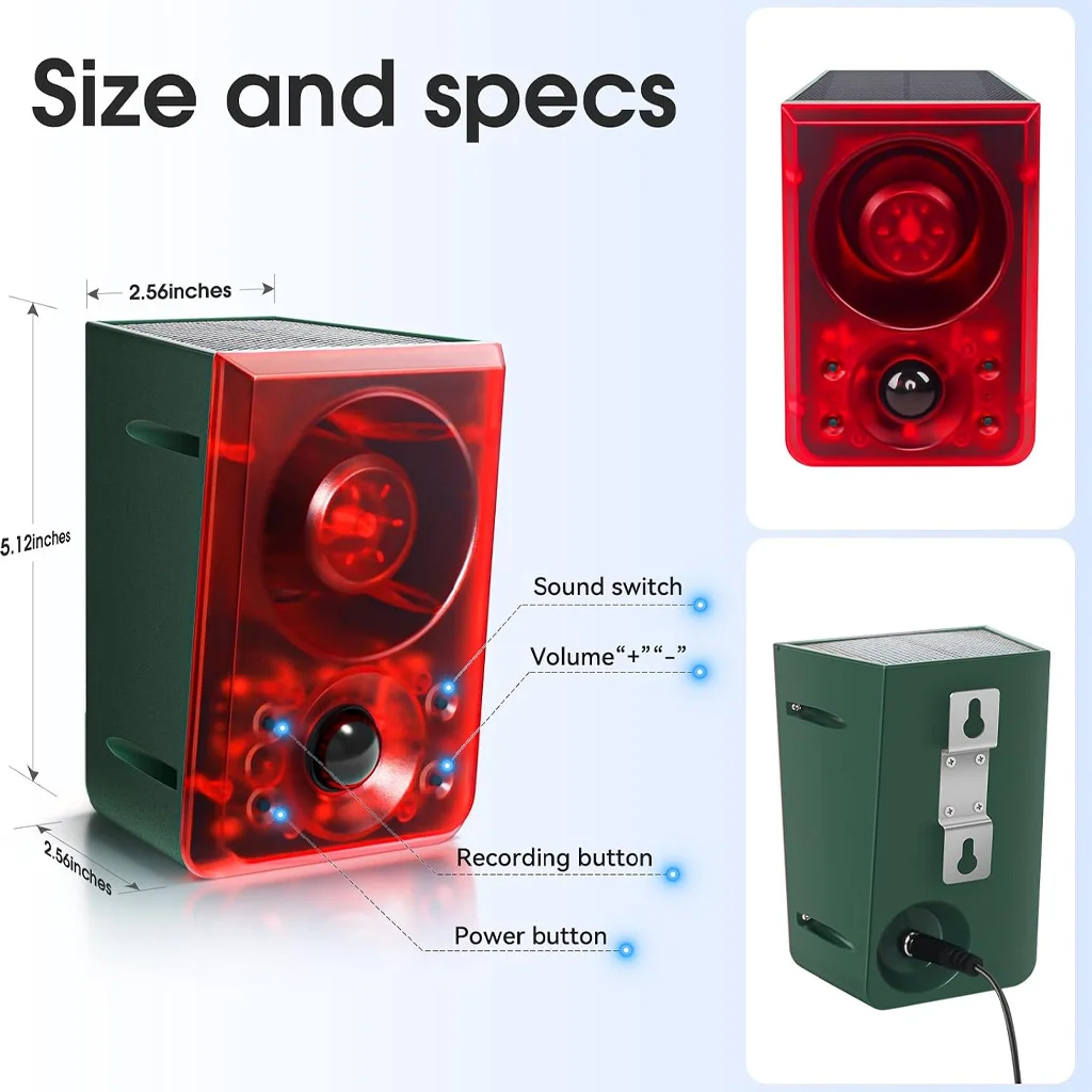 Solar Motion Sensor Animal Alarm with Remote Control 20 Second Custom Recording 3 Volume Levels 3 Working Modes Motion Activated
