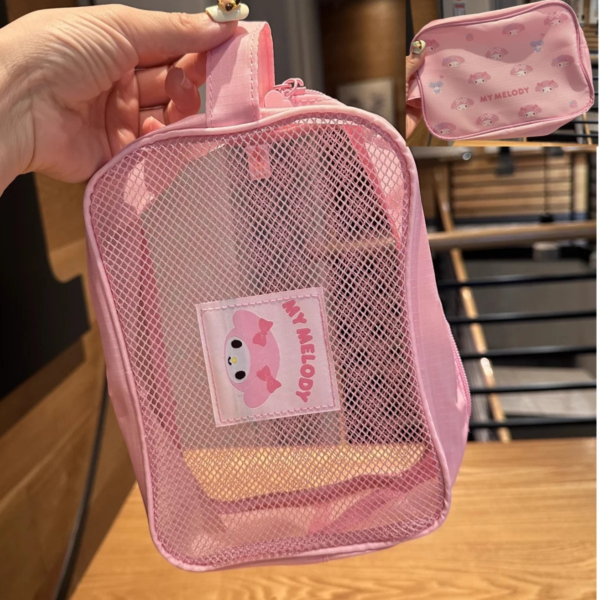 Sanrio bolsa cosmética fofa gato pvc kuromi olá kitty minha melodia batom fones de ouvido bolsa de higiene portátil bolsa de armazenamento feminina