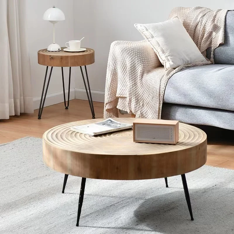 Japanese Vintage Minimalist Style Wooden OAK Round Table Modern Design For Living Room Solid Wood Coffee Table With Iron Legs