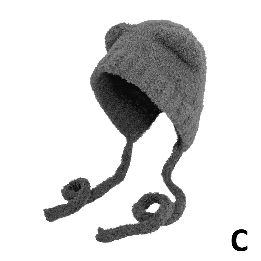 Winter Plush Beanies Cute Bear Ear Wool Hat Warm Lace-up Knitted Cap Bomber Women Knitting Korea Gorros Ear Bonn Y3a7