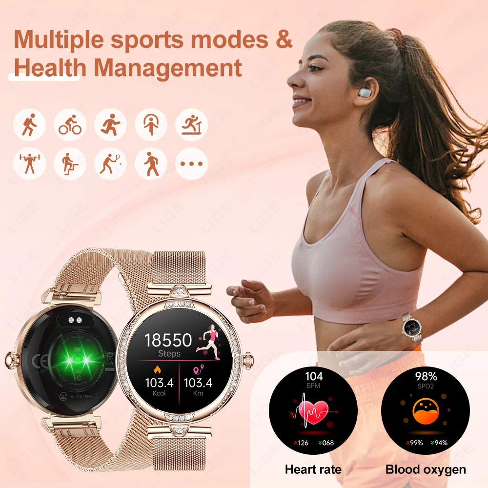 LIGE Smart Watch Fashion Dimanond Ladies Wristwatch Amoled Bluetooth Calling Health Monitoring Women Fitness Smartwatch NX17 Pro