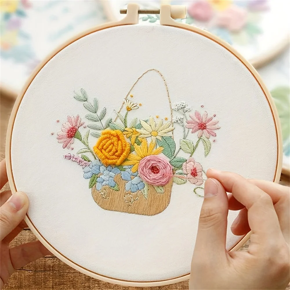 Flower Embroidery Starter Kit DIY Cross Stitch Set for Beginner Plant Sewing Art Craft Painting Home Decor Embroidery Set