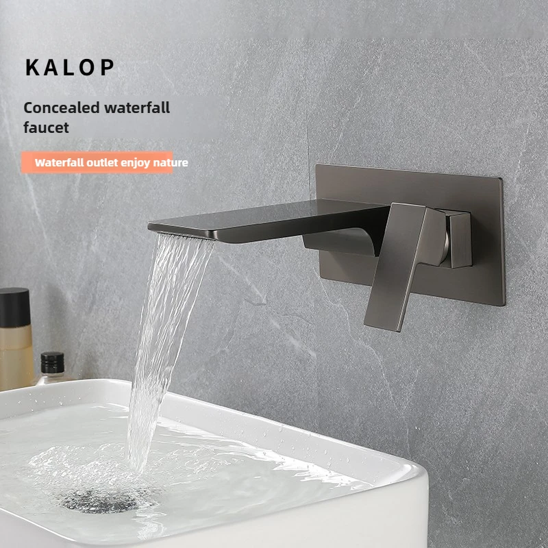 

KALOP скрытый смеситель для раковины, полностью медный, серый, скрытый встроенный настенный водопад, смеситель для мытья рук, горячий и холодный смеситель