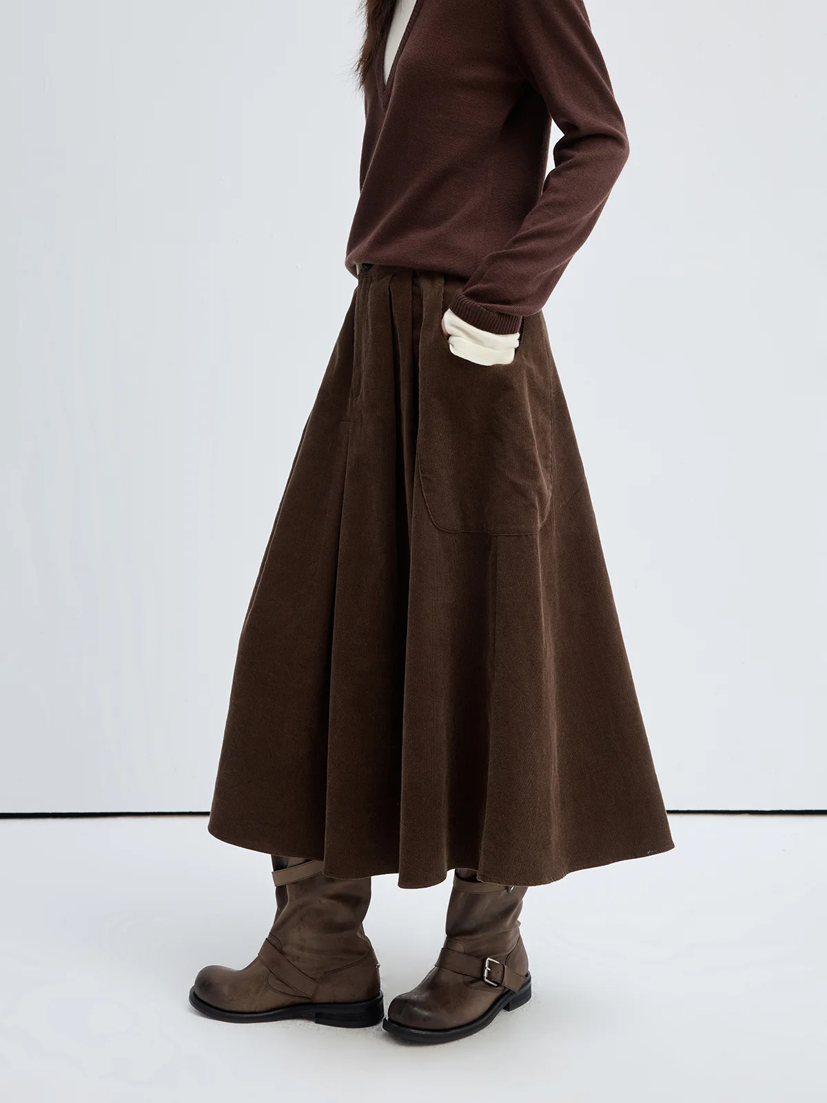 

JUSLIN Хлопковая бархатная плиссированная юбка трапециевидной формы средней длины, повседневный женский комплект Faion, осенний сезон, высокая талия с четы