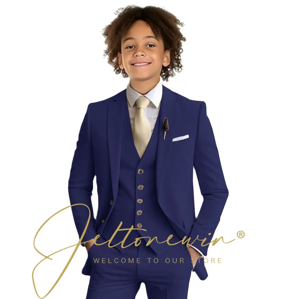 Beigefarbener Slim-Fit-Anzug für Jungen, 3-teiliges Set für Hochzeit, Abschlussball, Abendessen, Party, Kinderuniform, individueller Smoking, Blazer, Weste, Hose