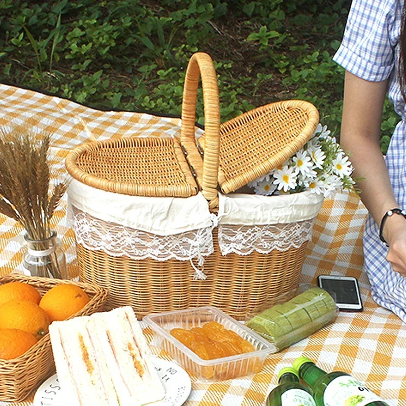 Cesta de mimbre con tapa para Picnic, contenedor de aperitivos de Pascua, caja de almacenamiento multifunción, suministros para el hogar