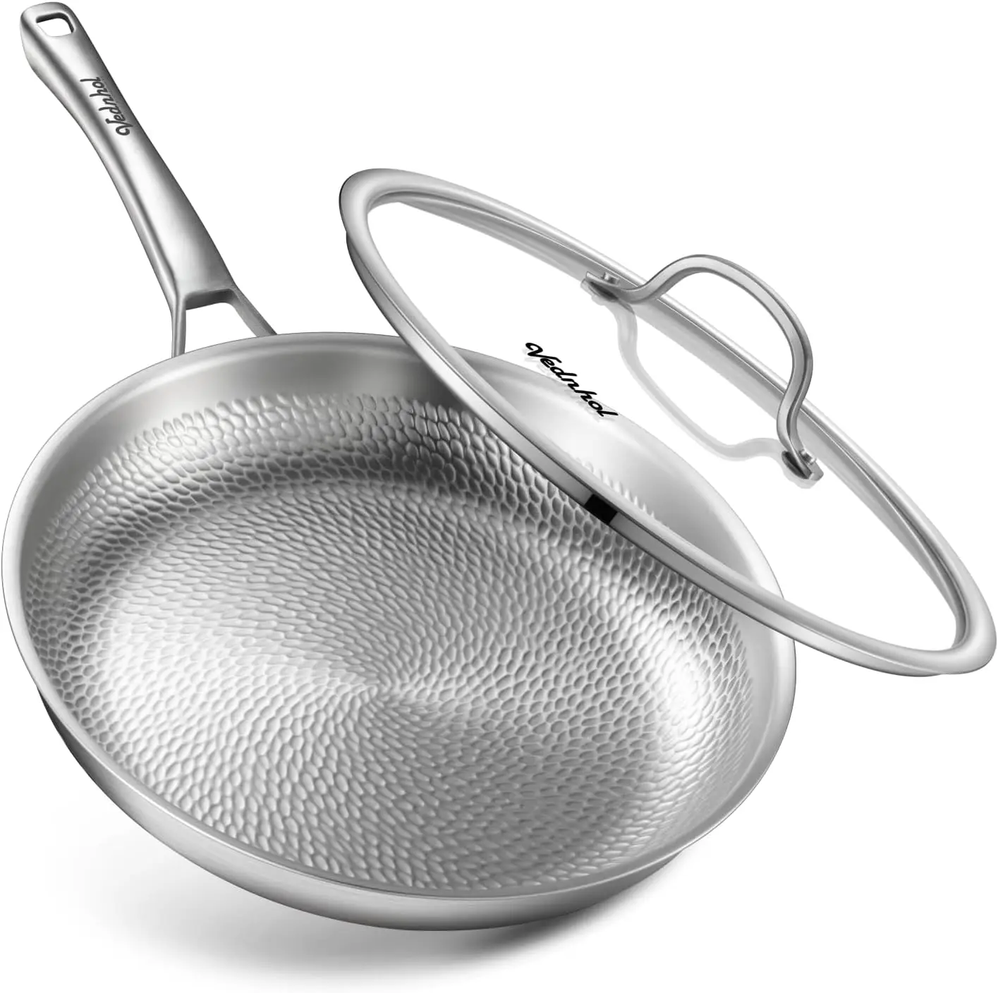 Panela de titânio, frigideira profissional martelada de titânio puro de 12 polegadas com tampa, frigideira não tóxica para cozinhar, panela sem PFAS/PFOA/PTFE