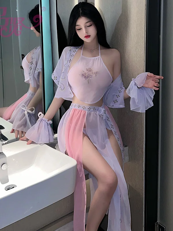 Mesh Lace Sheer Purple Dress 3 Piece Tops Women Transparent Sexy Hanfu Uniform Cosplay Shirt Dress Elegant Fashion 2023 Tops P8I